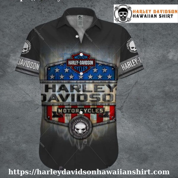 American Flag Shield Harley Davidson Hawaiian Shirt for Men