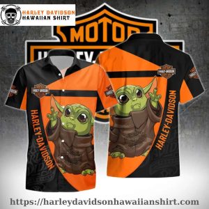 Baby Yoda Orange Black Harley Davidson aloha shirt for kids