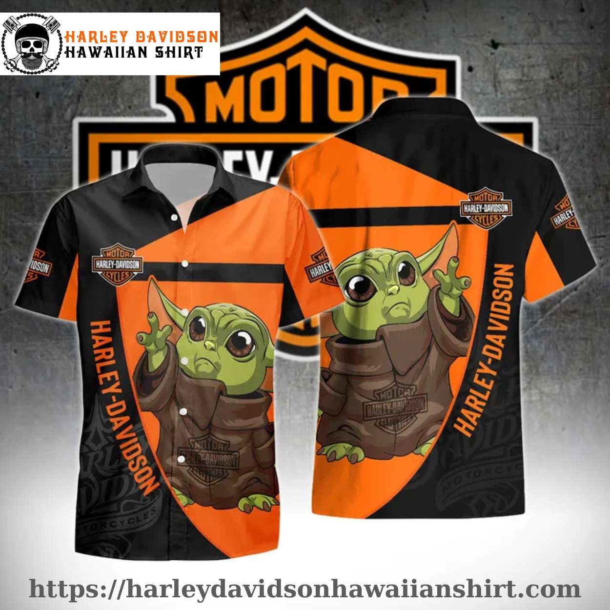 Baby Yoda Orange Black Harley Davidson aloha shirt for kids Baby Yoda Orange Black Harley Davidson aloha shirt for kids