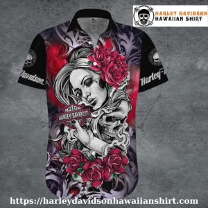 Black and Red Rose Harley Davidson Aloha Shirt for Women