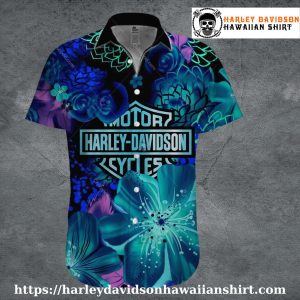 Blue Floral Vibes Harley Davidson Aloha Shirt for Women