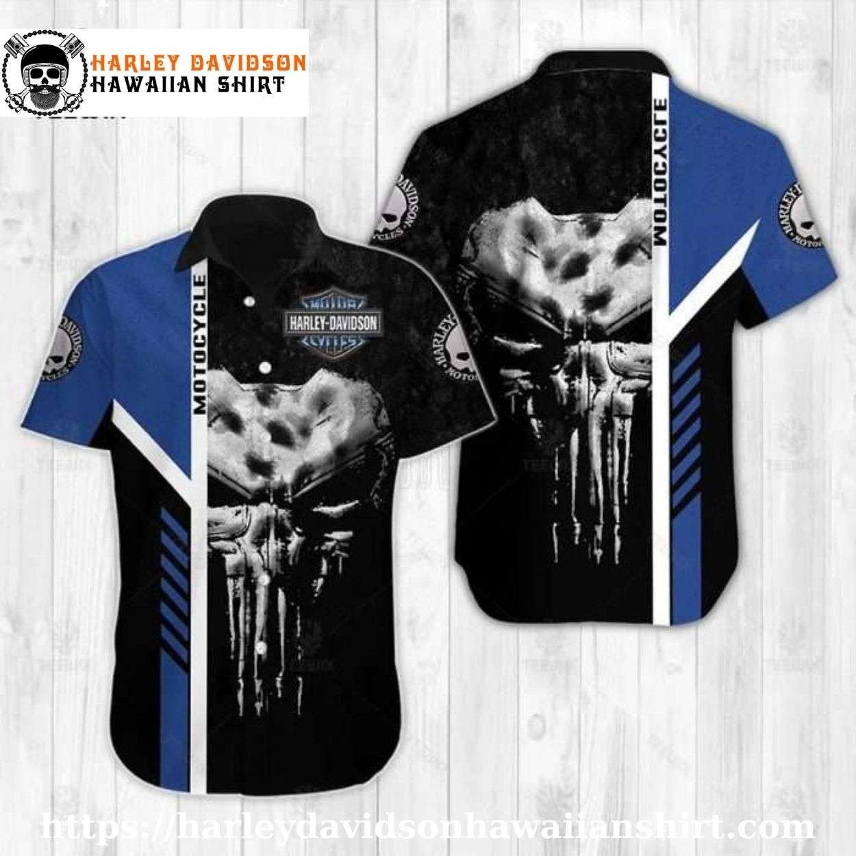 Blue Skull Split Harley Davidson Hawaiian Shirt for Men Blue Skull Split Harley Davidson Hawaiian Shirt for Men