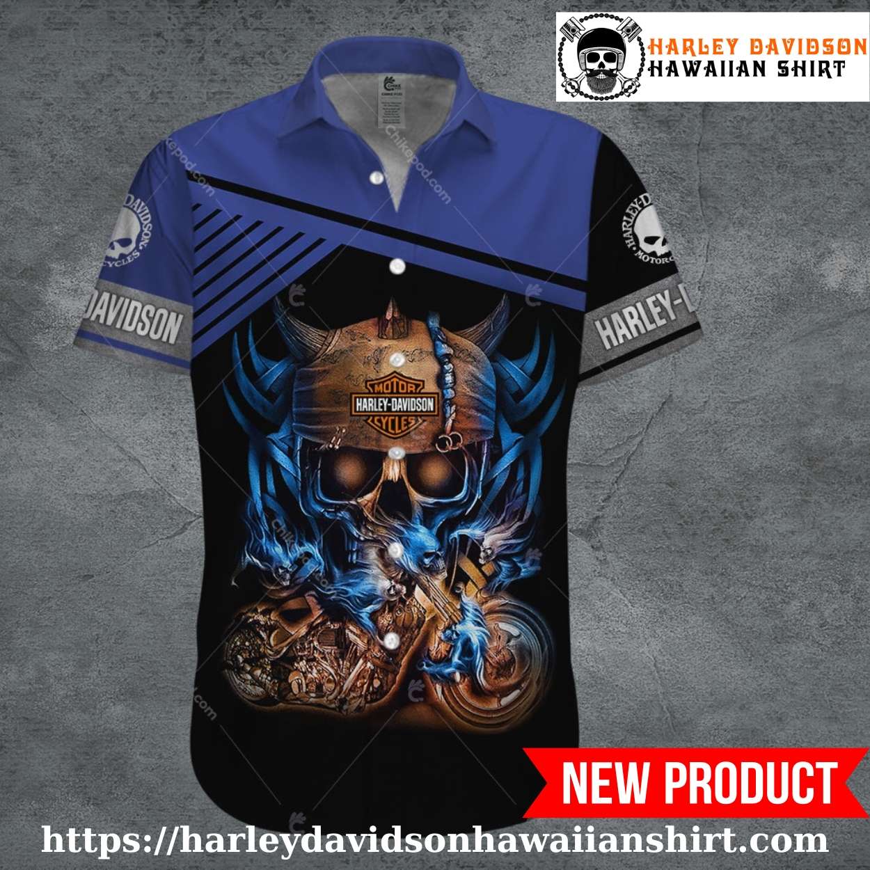 Blue Viking Skull Harley Davidson Hawaiian Shirt Blue Viking Skull Harley Davidson Hawaiian Shirt