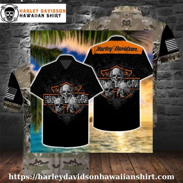 Camo Skull Crest Harley Davidson Hawaiian Shirt for Men