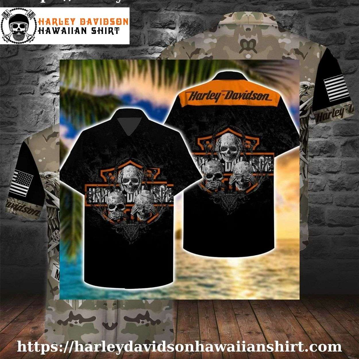 Camo Skull Crest Harley Davidson Hawaiian Shirt for Men Camo Skull Crest Harley Davidson Hawaiian Shirt for Men