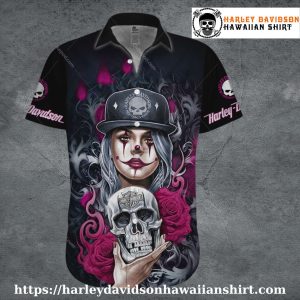 Clown Girl and Skull Harley Davidson Hawaiian Shirt for Women