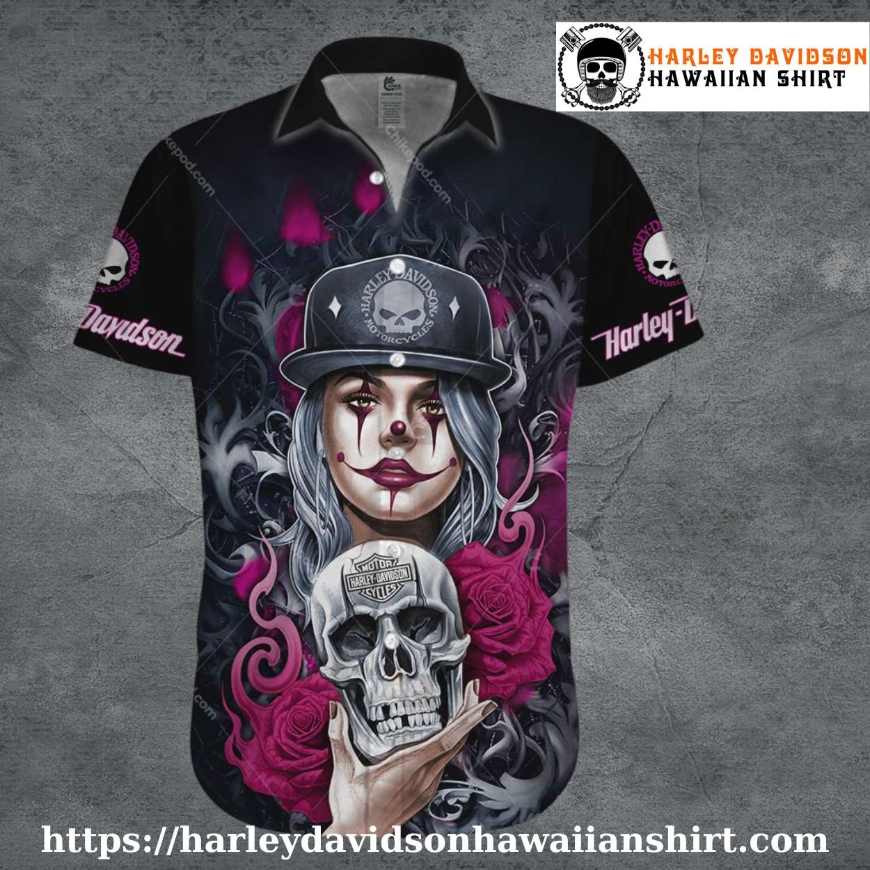 Clown Girl and Skull Harley Davidson Hawaiian Shirt for Women Clown Girl and Skull Harley Davidson Hawaiian Shirt for Women