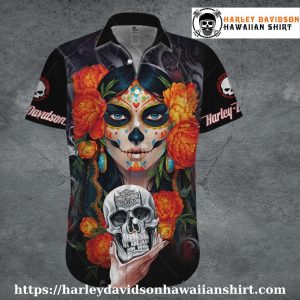 Colorful Dia de los Muertos Harley Davidson Aloha Shirt