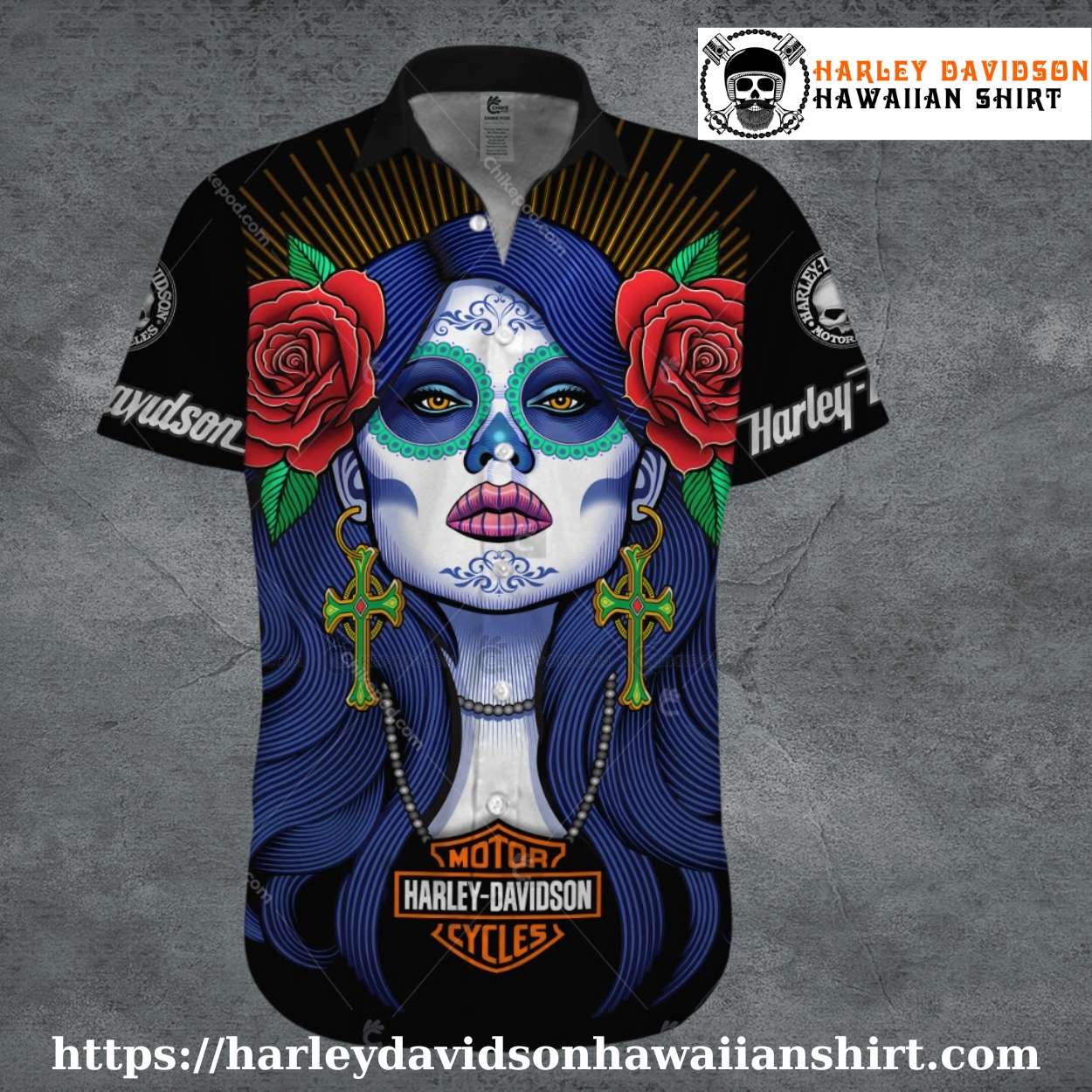 Cross Earring Skull Lady Harley Davidson Aloha Shirt Women Cross Earring Skull Lady Harley Davidson Aloha Shirt Women