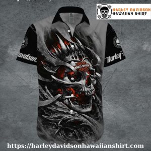 Crowned Skull Flames Harley Davidson Aloha Shirt for Men