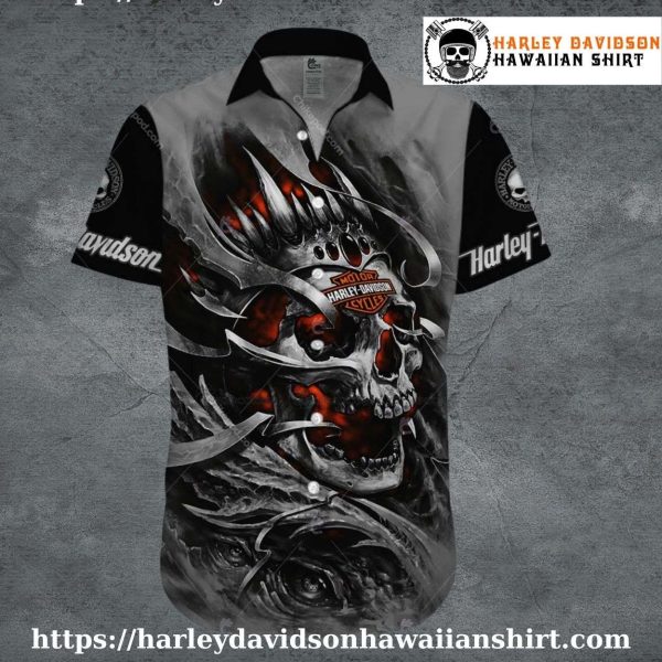 Crowned Skull Flames Harley Davidson Aloha Shirt for Men