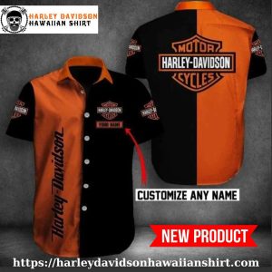 Custom Name Bold Orange Harley Davidson Aloha Shirt