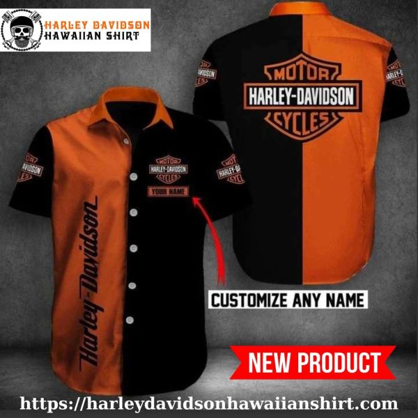 Custom Name Bold Orange Harley Davidson Aloha Shirt