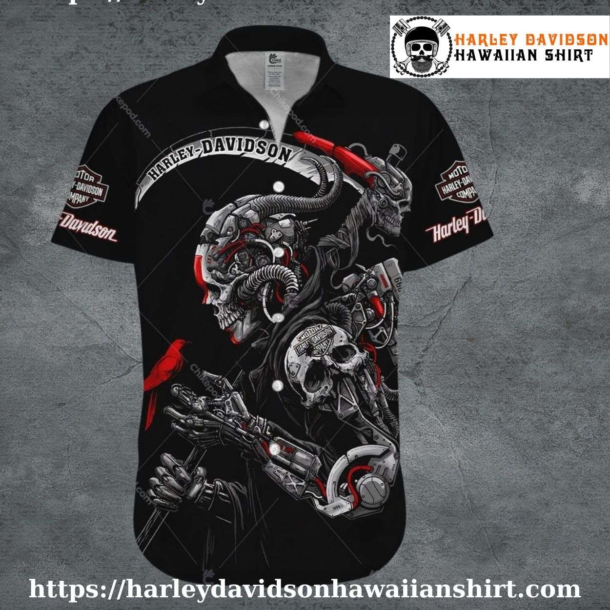 Cyborg Skull Art Harley Davidson Hawaiian Shirt for Men Cyborg Skull Art Harley Davidson Hawaiian Shirt for Men