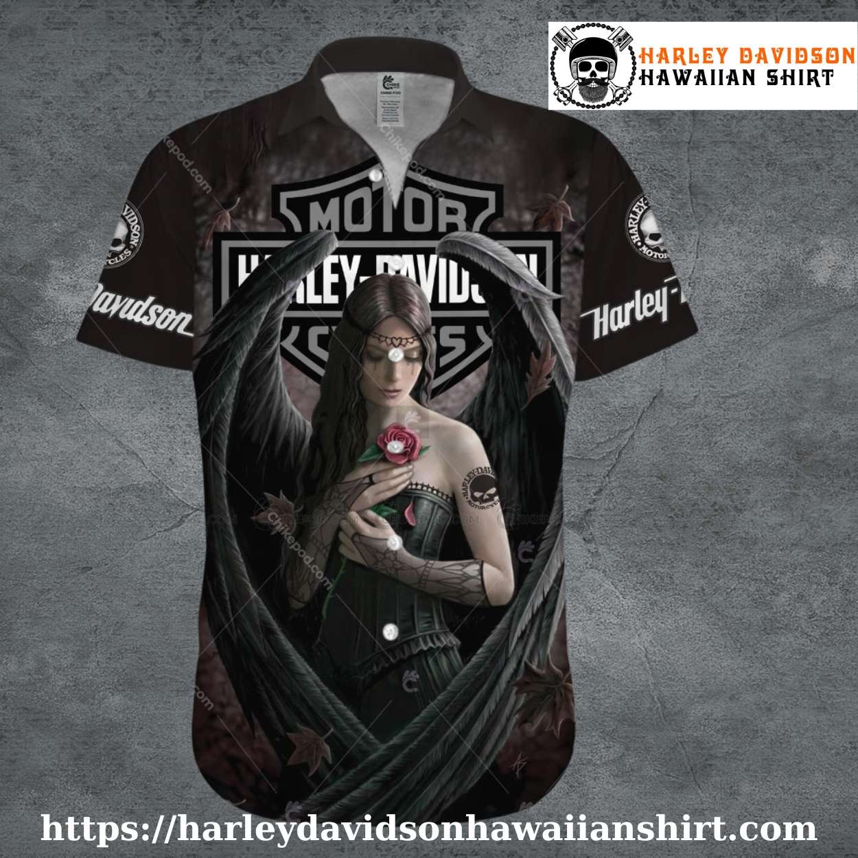 Dark Angel with Rose Harley Davidson Hawaiian Shirt for Women Dark Angel with Rose Harley Davidson Hawaiian Shirt for Women
