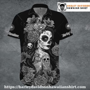 Day of the Dead Rose Skull Harley Davidson Hawaiian Shirt