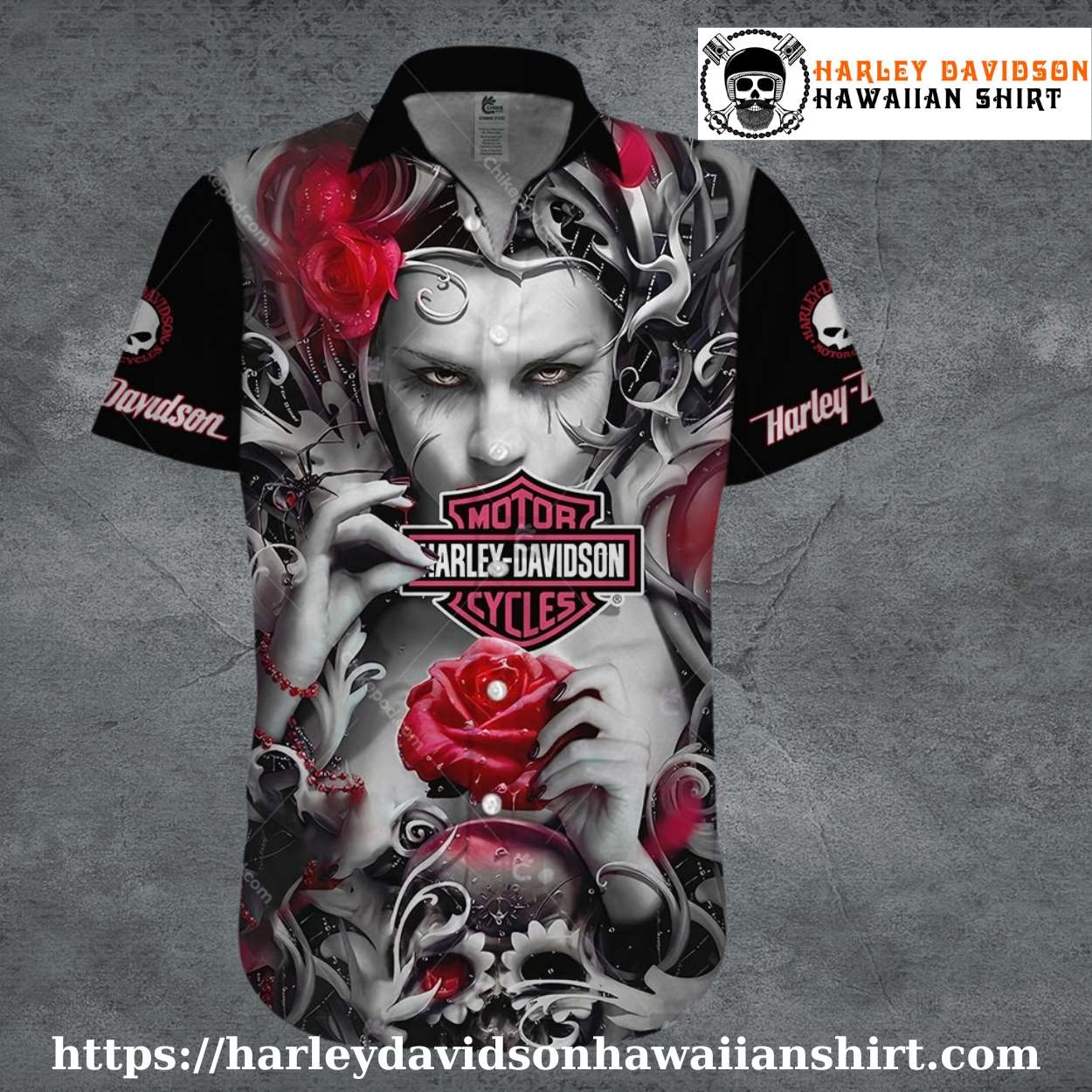 Gothic Rose Woman Harley Davidson Hawaiian Shirt for Women Gothic Rose Woman Harley Davidson Hawaiian Shirt for Women