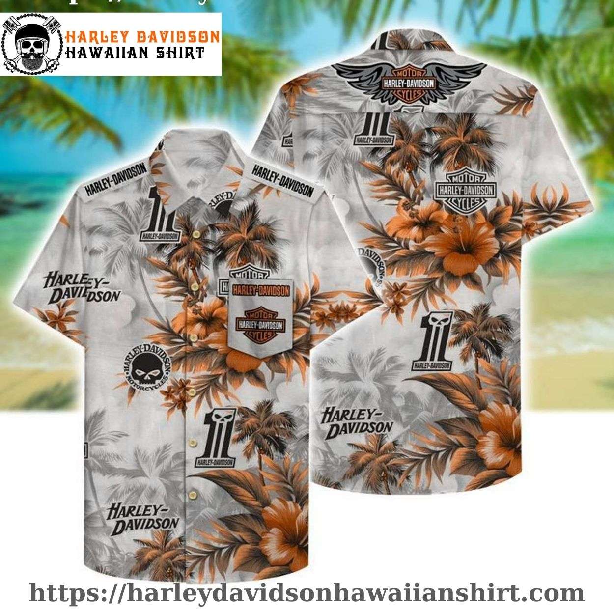 Gray Orange Bloom Harley Davidson Aloha Shirt for Men Gray Orange Bloom Harley Davidson Aloha Shirt for Men