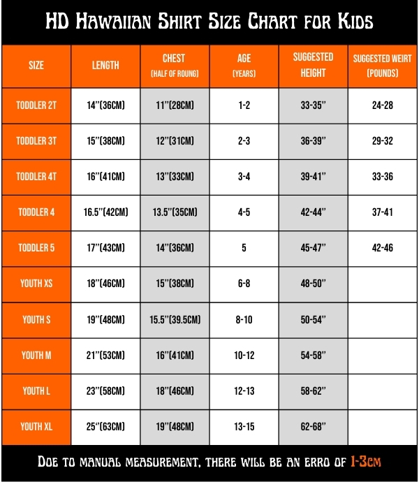 hawaiian shirt size chart