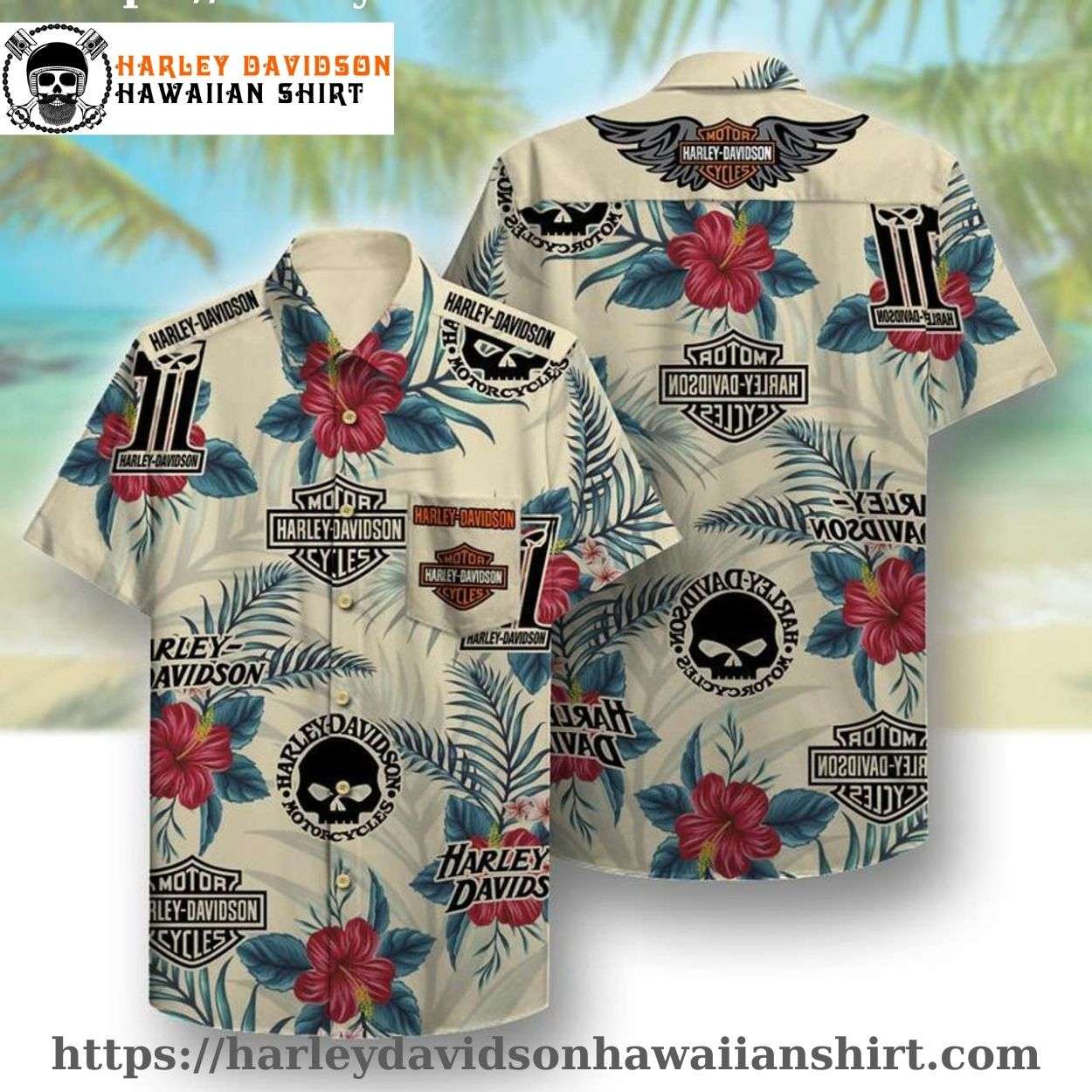 Hibiscus Floral Harley Davidson Hawaiian Shirt for Men Hibiscus Floral Harley Davidson Hawaiian Shirt for Men