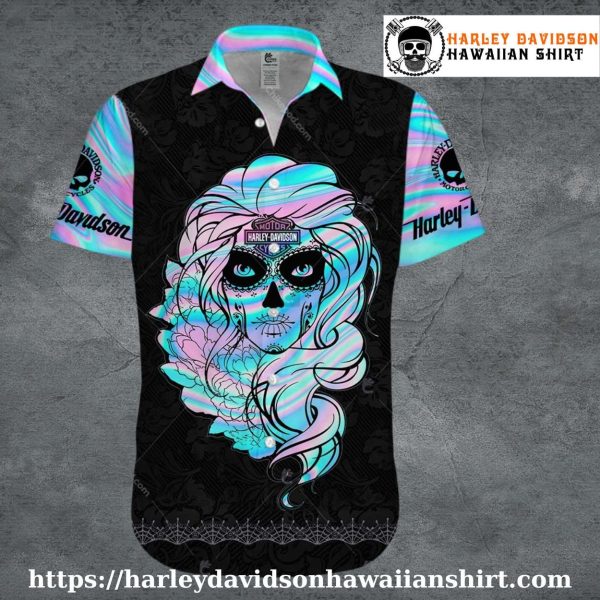 Neon Sugar Skull Harley Davidson Aloha Shirt for Women