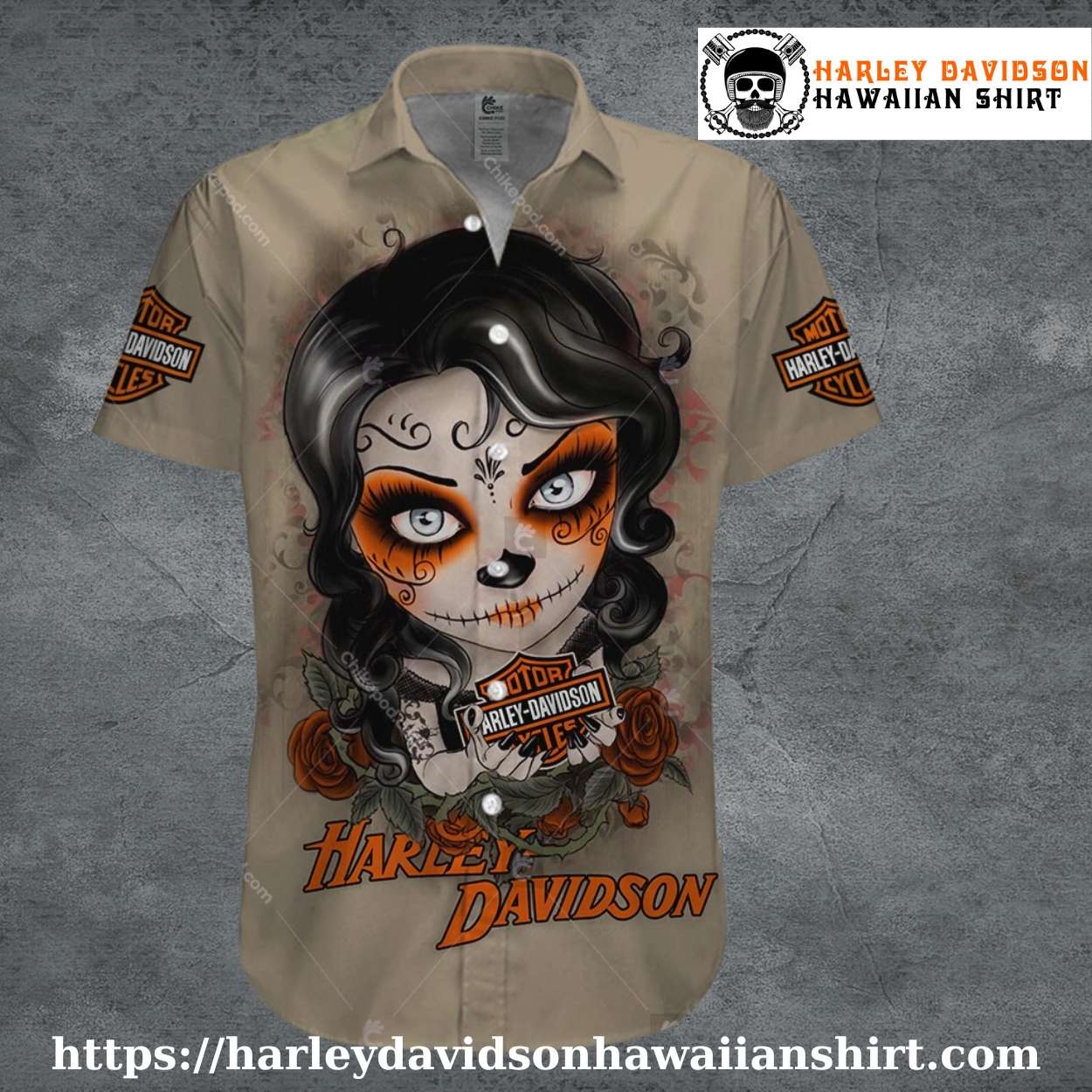 Orange-Eyed Skull Girl Harley Davidson Hawaiian Shirt Women Orange-Eyed Skull Girl Harley Davidson Hawaiian Shirt Women