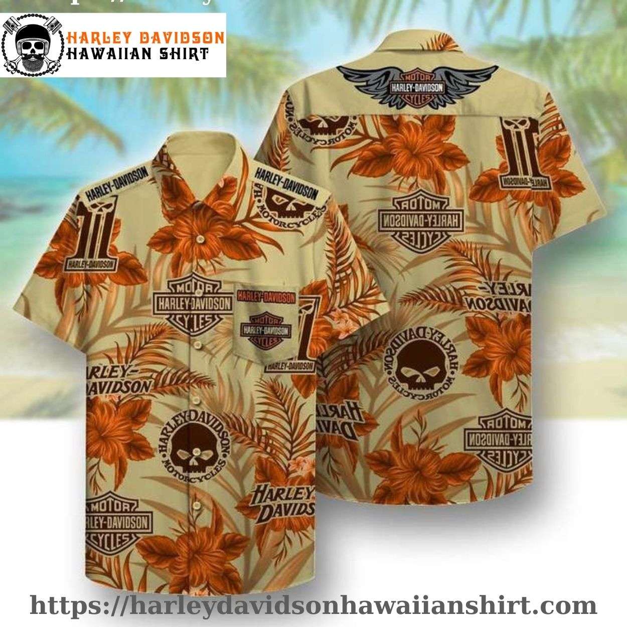 Orange Floral Skull Harley Davidson Aloha Shirt for Men Orange Floral Skull Harley Davidson Aloha Shirt for Men