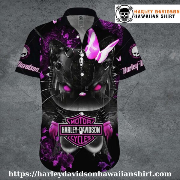 Pink Cat Skull Butterfly Harley Davidson Hawaiian shirt kids