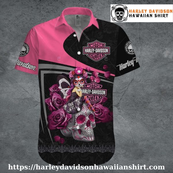 Pink Fairy Skull Harley Davidson Hawaiian Shirt for Women