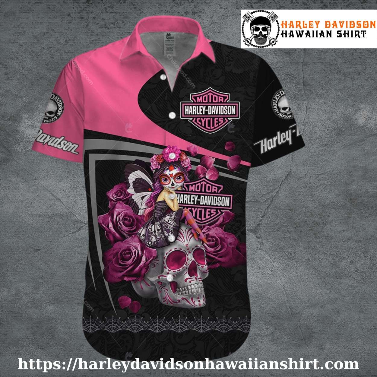 Pink Fairy Skull Harley Davidson Hawaiian Shirt for Women Pink Fairy Skull Harley Davidson Hawaiian Shirt for Women