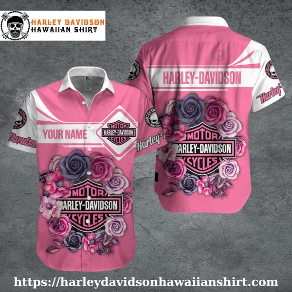 Pink Floral Roses Harley Davidson Hawaiian Shirt for Women