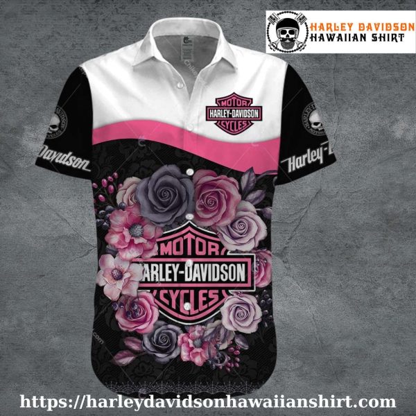Pink Rose Crest Harley Davidson Hawaiian Shirt for Women