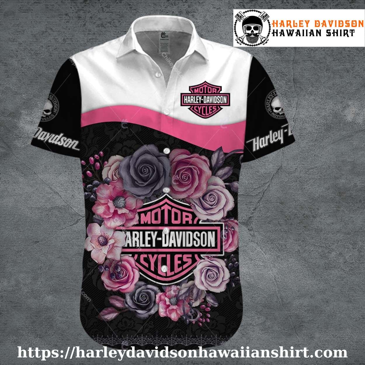 Pink Rose Crest Harley Davidson Hawaiian Shirt for Women Pink Rose Crest Harley Davidson Hawaiian Shirt for Women