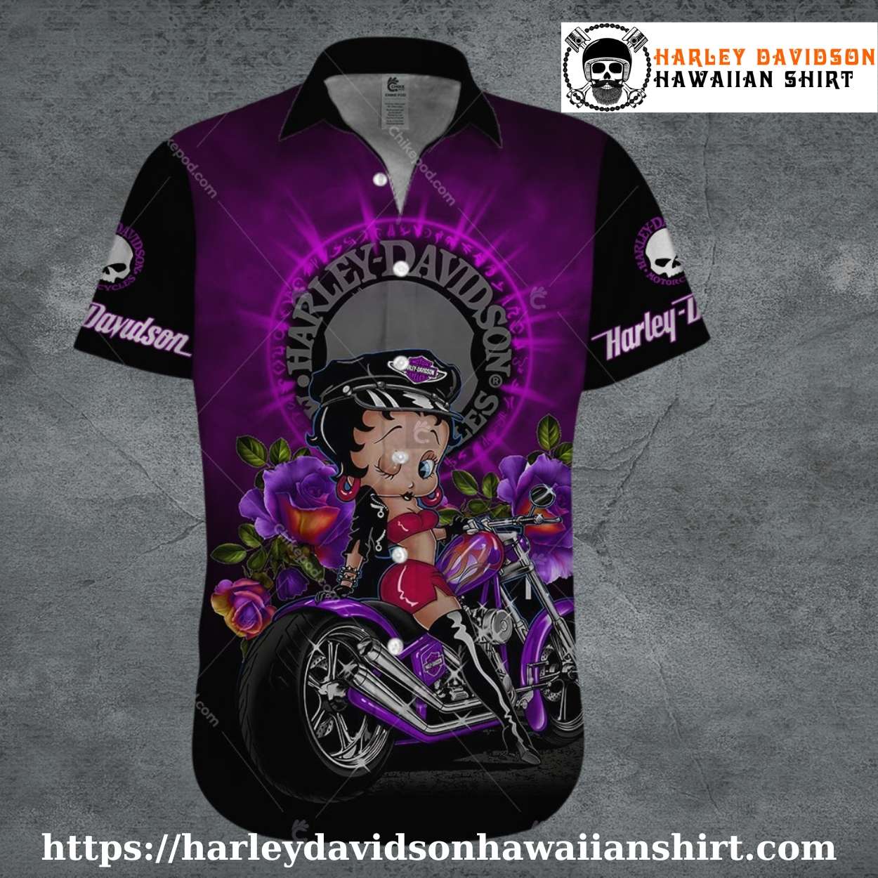 Purple Betty on Chopper Harley Davidson Hawaiian Shirt Purple Betty on Chopper Harley Davidson Hawaiian Shirt