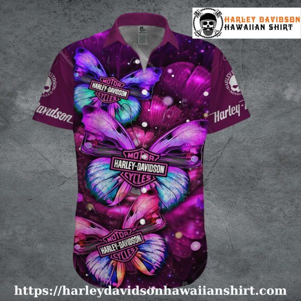 Purple Butterfly Burst Harley Davidson Hawaiian Shirt Women
