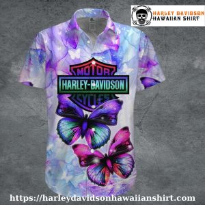 Purple Butterfly Glow Harley Davidson Hawaiian Shirt for Women