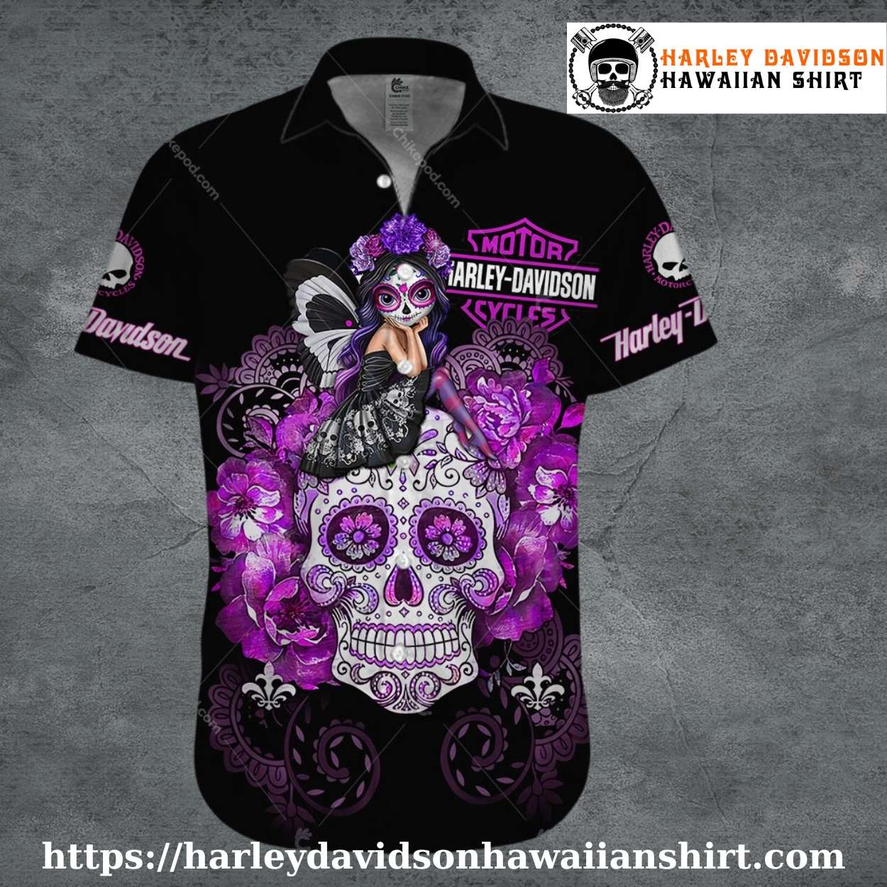 Purple Sugar Skull Fairy Harley Davidson Aloha Shirt Purple Sugar Skull Fairy Harley Davidson Aloha Shirt
