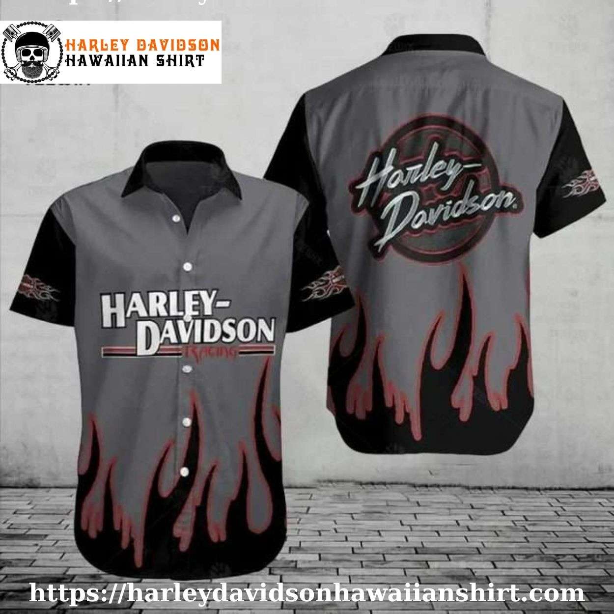 Racing Flame Design Harley Davidson Aloha Shirt for Men Racing Flame Design Harley Davidson Aloha Shirt for Men