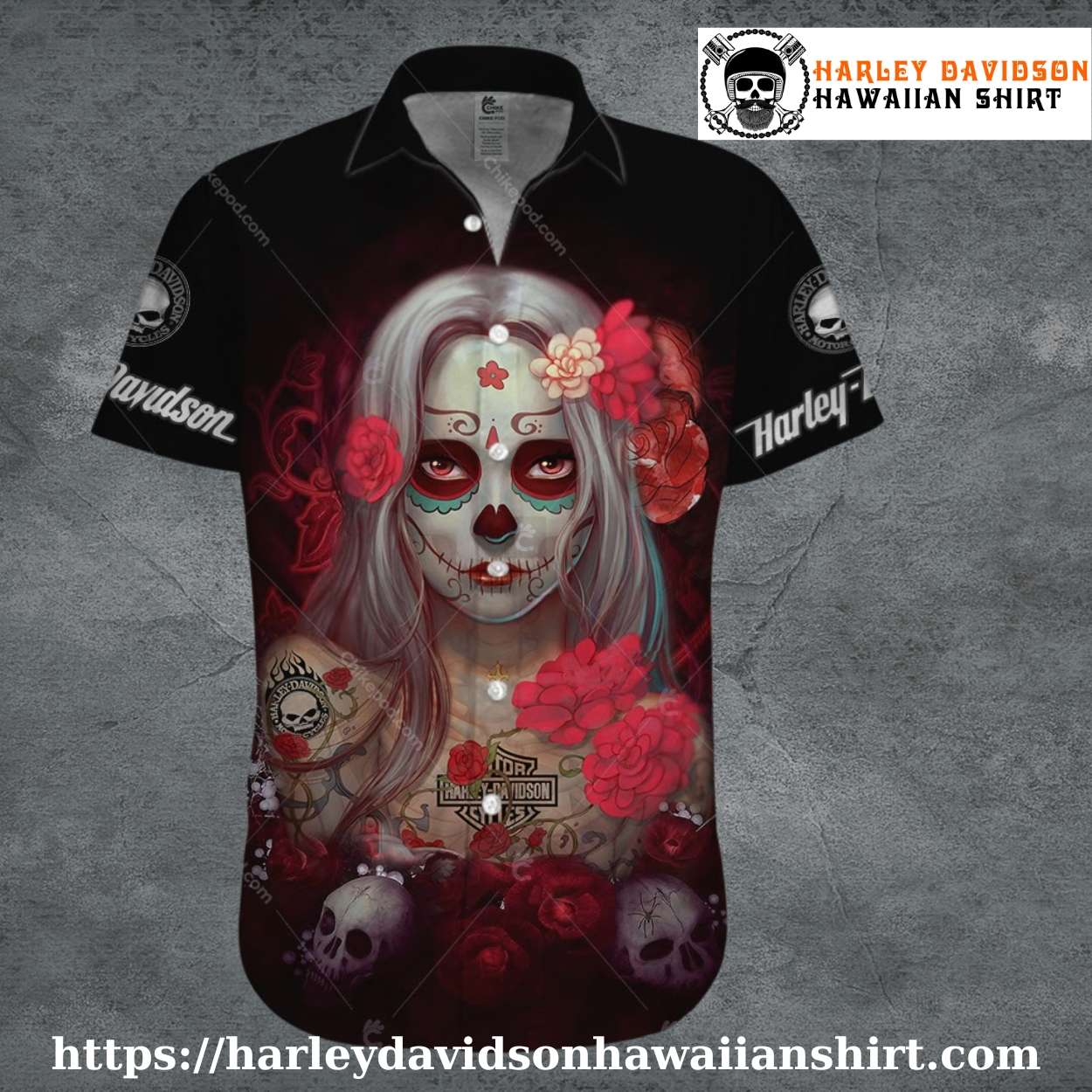 Red Rose Skull Face Harley Davidson Hawaiian Shirt Women Red Rose Skull Face Harley Davidson Hawaiian Shirt Women