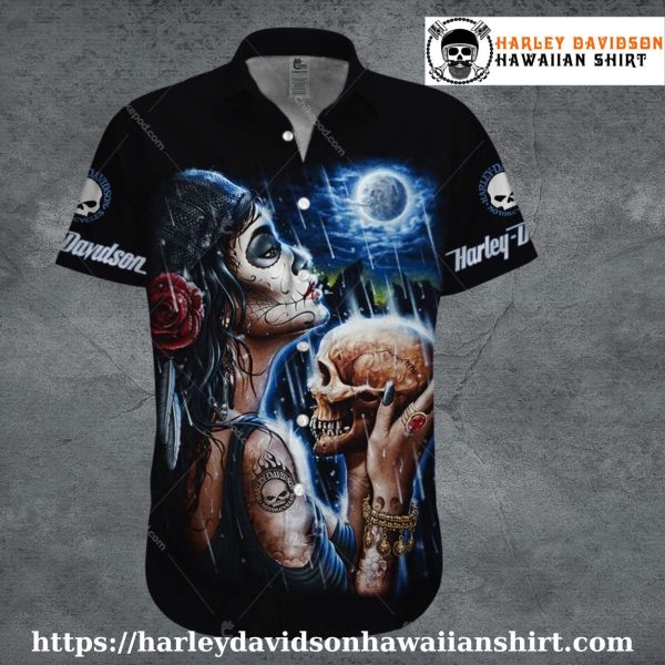 Skull Kiss in Rain Harley Davidson Aloha Shirt for Women