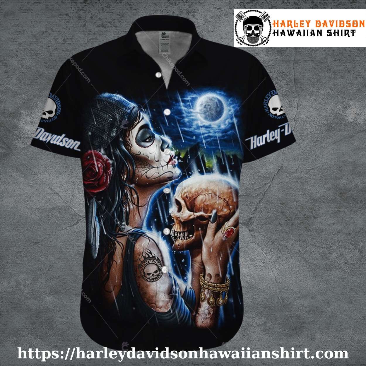 Skull Kiss in Rain Harley Davidson Aloha Shirt for Women Skull Kiss in Rain Harley Davidson Aloha Shirt for Women