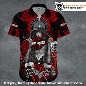 Skull and Roses Tattoo Harley Davidson Hawaiian Shirt for Women