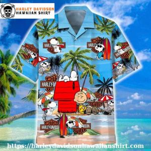 Snoopy and Charlie Beach Vibes Harley Davidson Hawaiian shirt