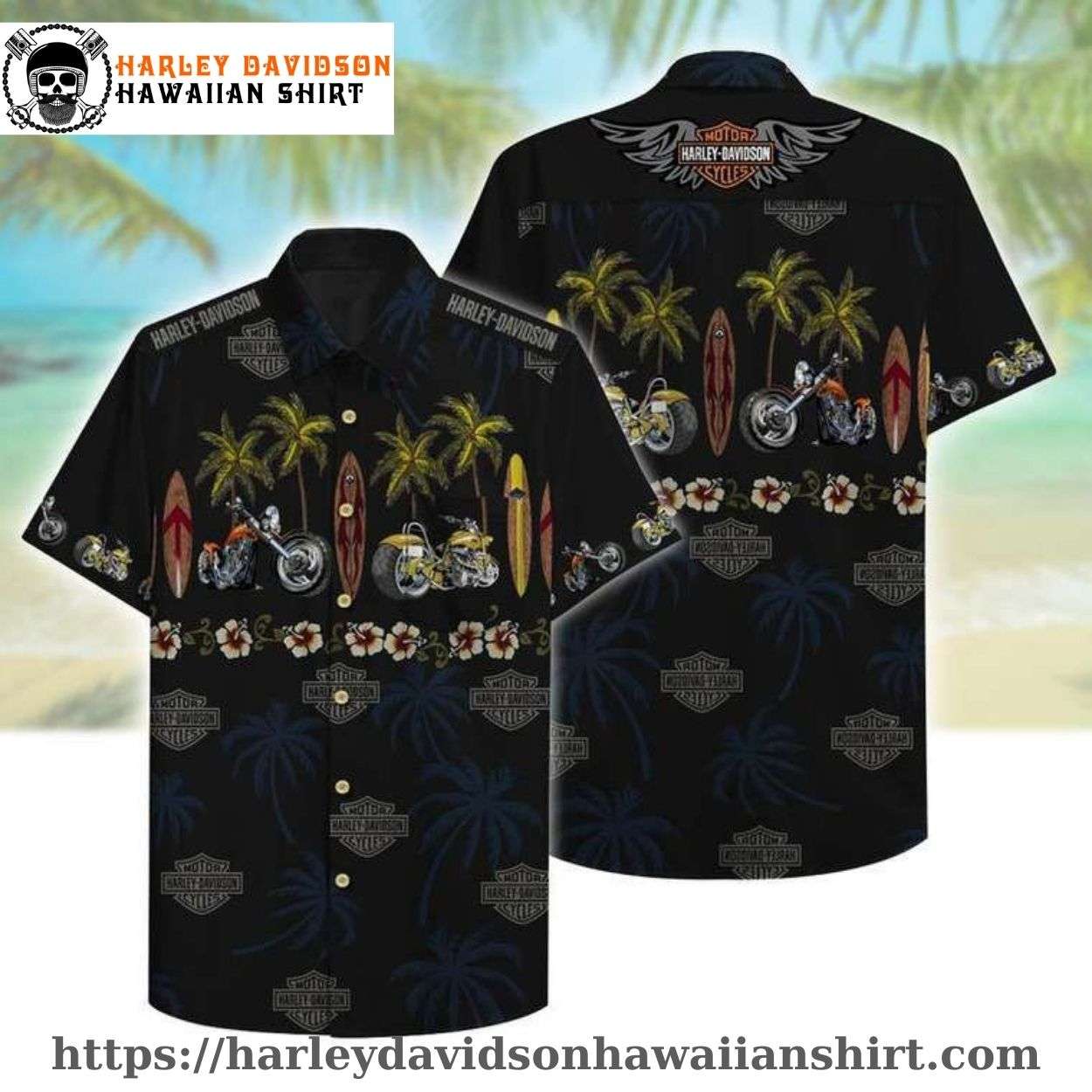 Surfboard and Bike Harley Davidson Hawaiian Shirt for Men Surfboard and Bike Harley Davidson Hawaiian Shirt for Men