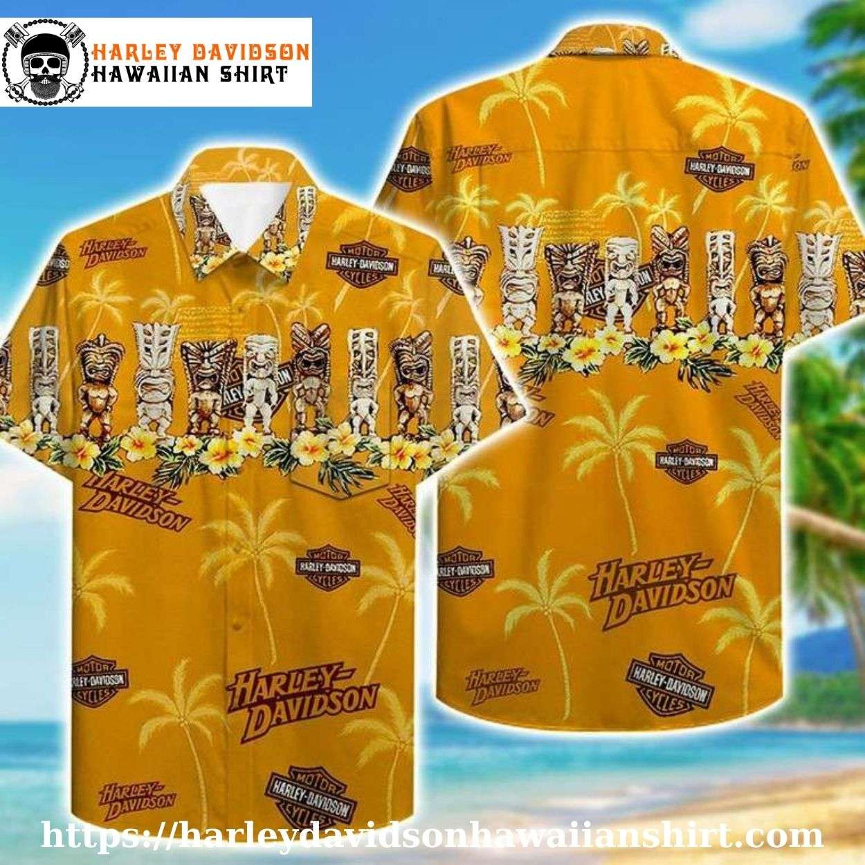 Tiki Totem Yellow Harley Davidson Hawaiian Shirt for Men Tiki Totem Yellow Harley Davidson Hawaiian Shirt for Men