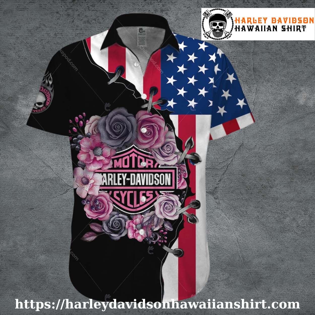 USA Flag and Flowers Harley Davidson Hawaiian Shirt Women USA Flag and Flowers Harley Davidson Hawaiian Shirt Women